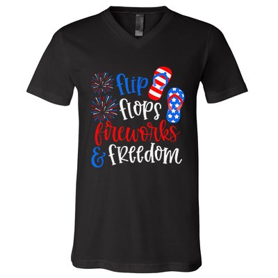 Flip Flops Fireworks And Freedom 4th Of July Us Flag V-Neck T-Shirt