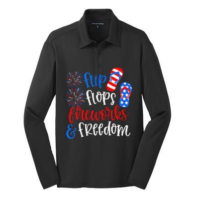 Flip Flops Fireworks And Freedom 4th Of July Us Flag Silk Touch Performance Long Sleeve Polo