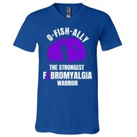 Funny Fishing Fibromyalgia Warrior Fisher Purple Ribbon Gift V-Neck T-Shirt