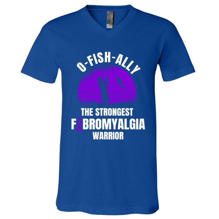 Funny Fishing Fibromyalgia Warrior Fisher Purple Ribbon Gift V-Neck T-Shirt