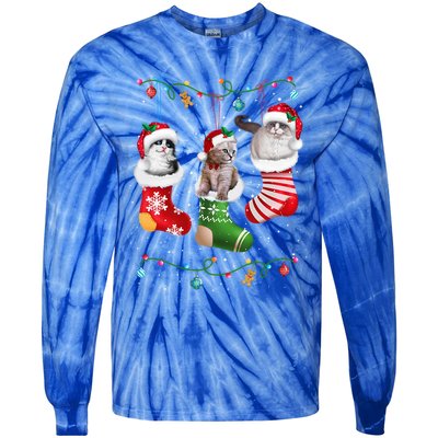 Festive Feline Friends Cats In Christmas Sock Pajama Set Gift Tie-Dye Long Sleeve Shirt