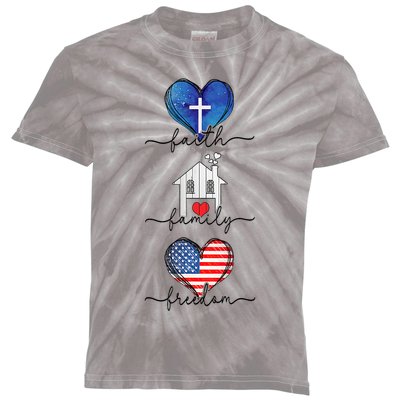 Faith Family Freedom Hearts 4th Of July Patriotic Flag Kids Tie-Dye T-Shirt