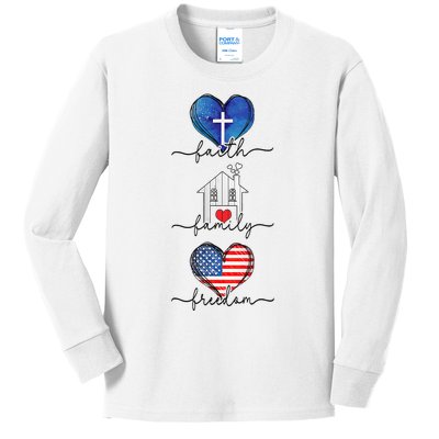 Faith Family Freedom Hearts 4th Of July Patriotic Flag Kids Long Sleeve Shirt