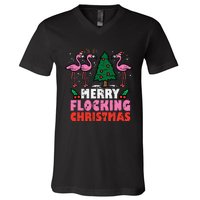 Festive Flamingo Flock Hilarious Christmas Celebration V-Neck T-Shirt