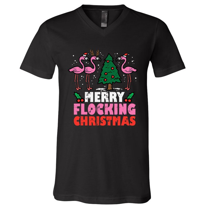 Festive Flamingo Flock Hilarious Christmas Celebration V-Neck T-Shirt