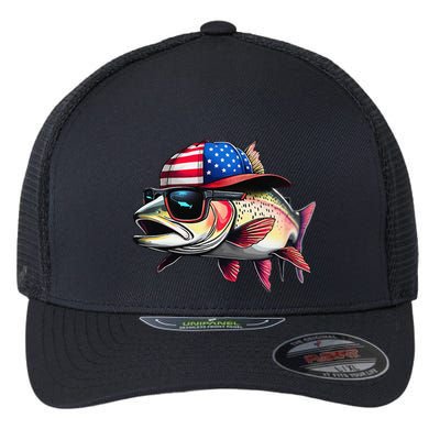 Funny Fishing & Fisherman Rainbow Trout American Flag Flexfit Unipanel Trucker Cap