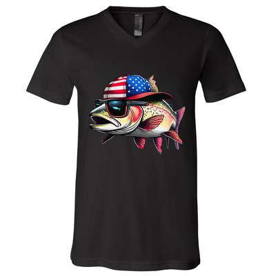 Funny Fishing & Fisherman Rainbow Trout American Flag V-Neck T-Shirt