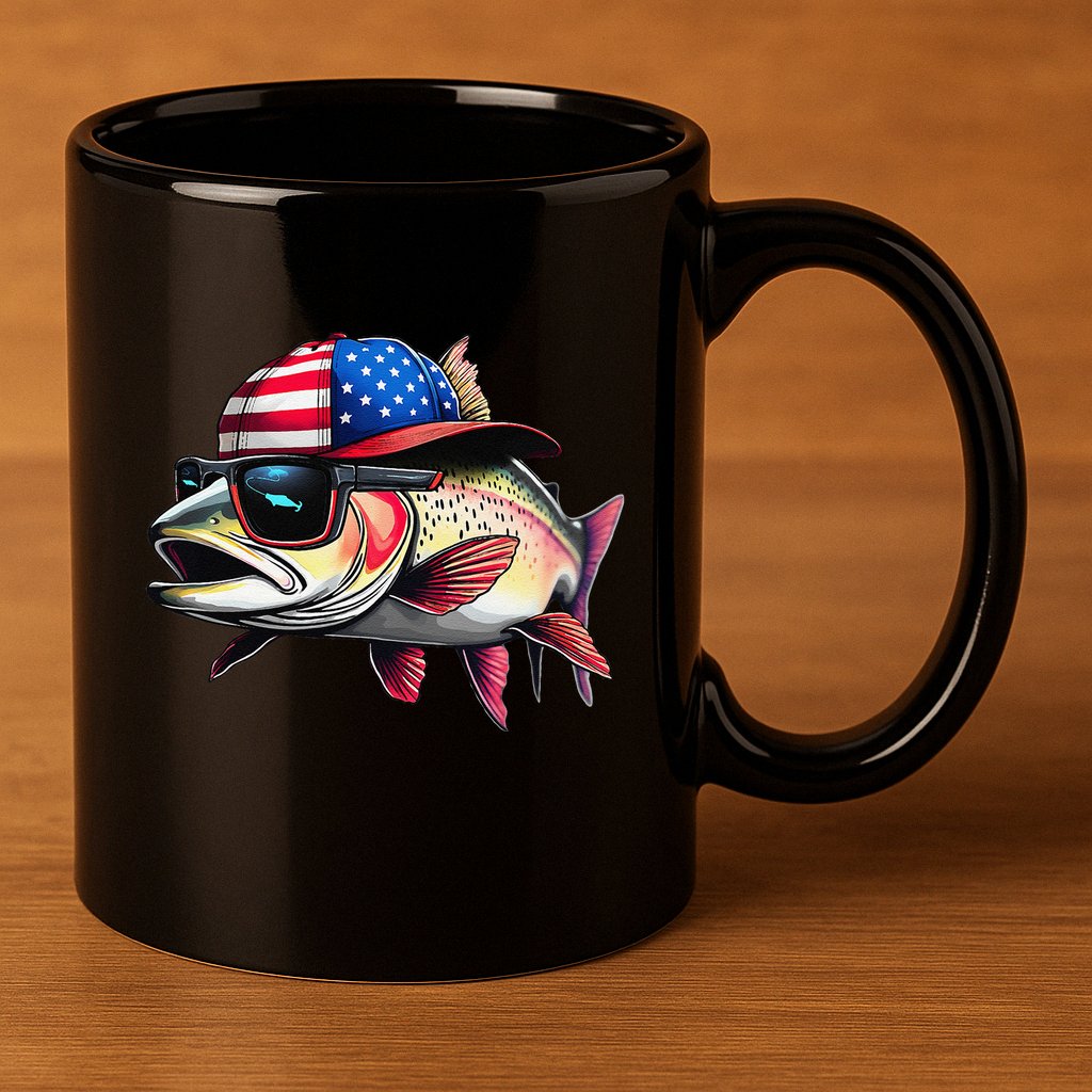 Funny Fishing & Fisherman Rainbow Trout American Flag 11oz C Handle Ceramic Mug