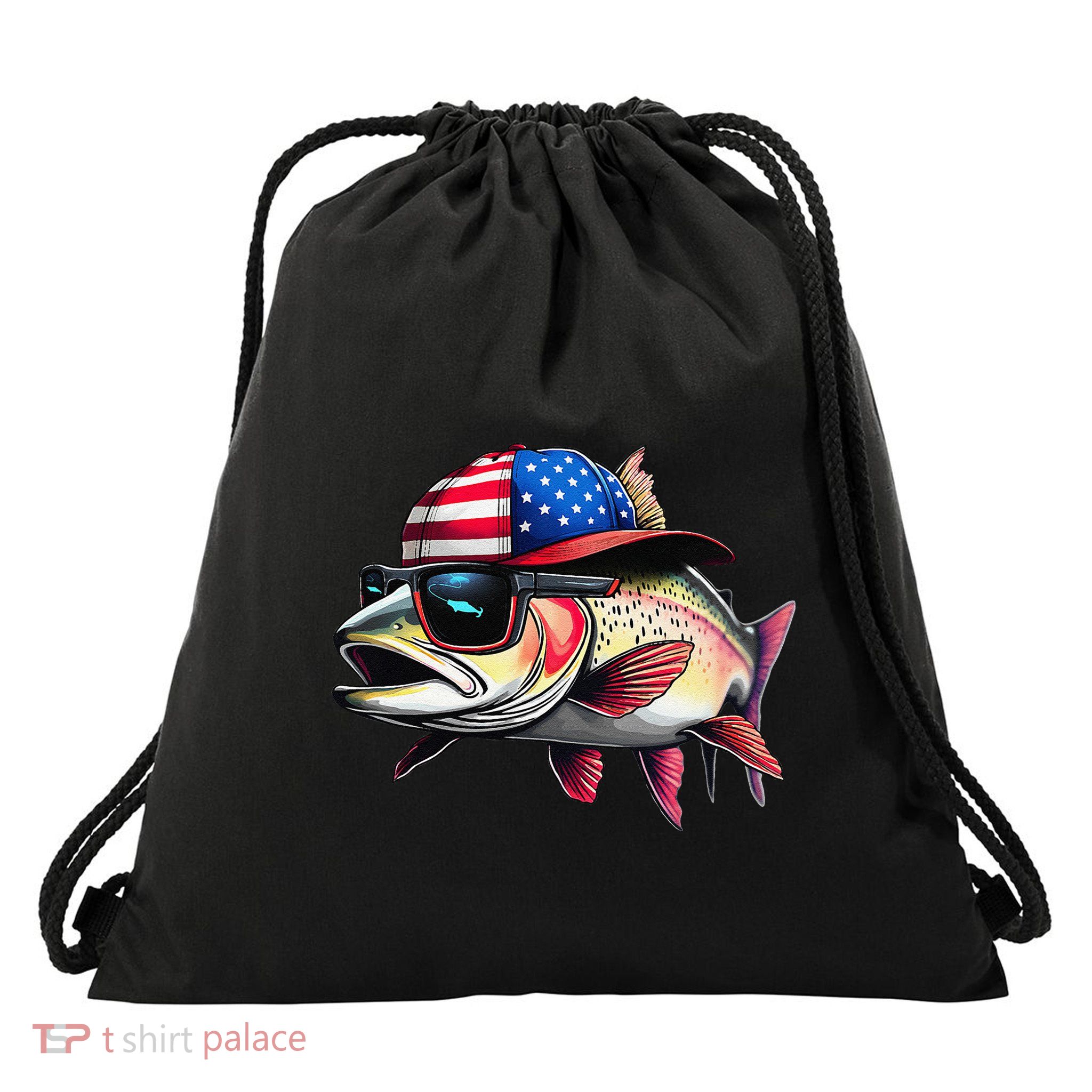 Funny Fishing & Fisherman Rainbow Trout American Flag Drawstring Bag