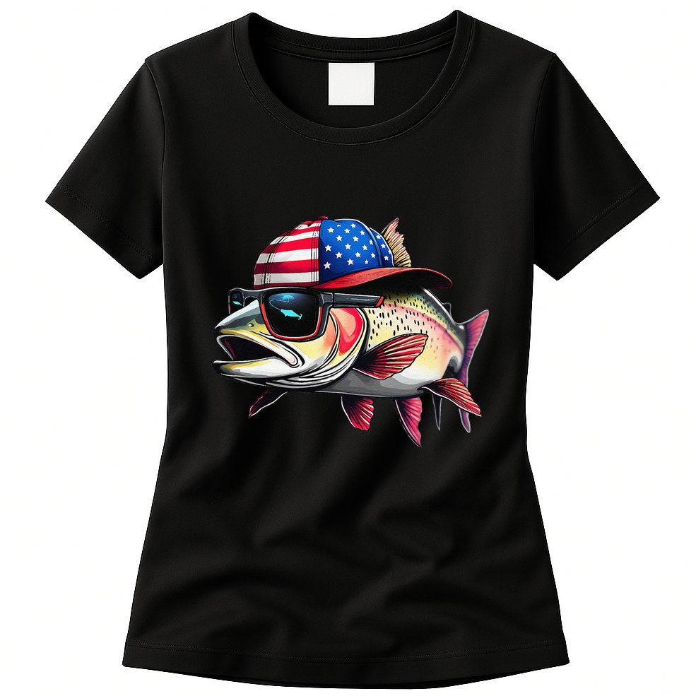 Funny Fishing & Fisherman Rainbow Trout American Flag Womens T-Shirt