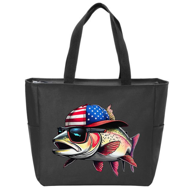 Funny Fishing & Fisherman Rainbow Trout American Flag Zip Tote Bag