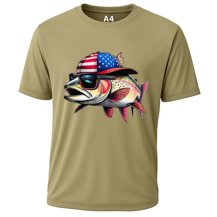 Funny Fishing & Fisherman Rainbow Trout American Flag Cooling Performance Crew T-Shirt