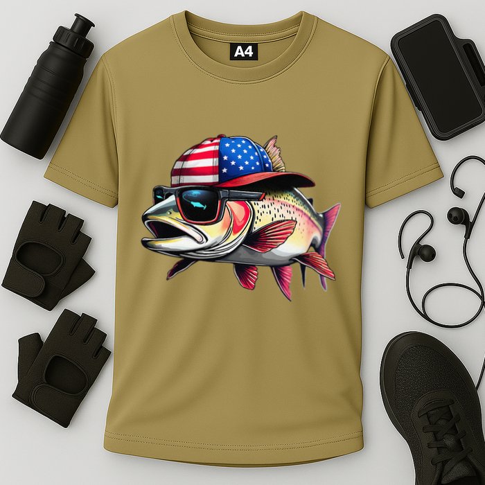 Funny Fishing & Fisherman Rainbow Trout American Flag Cooling Performance Crew T-Shirt