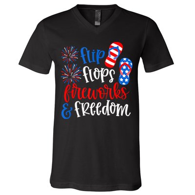Flip Flops Fireworks And Freedom 4th Of July Us Flag V-Neck T-Shirt