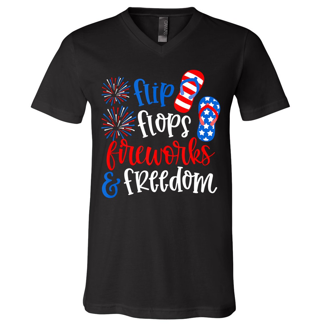 Flip Flops Fireworks And Freedom 4th Of July Us Flag V-Neck T-Shirt