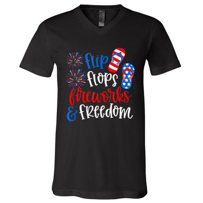 Flip Flops Fireworks And Freedom 4th Of July Us Flag V-Neck T-Shirt