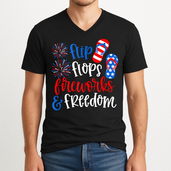 Flip Flops Fireworks And Freedom 4th Of July Us Flag V-Neck T-Shirt