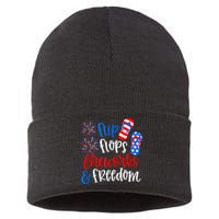 Flip Flops Fireworks And Freedom 4th Of July Us Flag Sustainable Knit Beanie