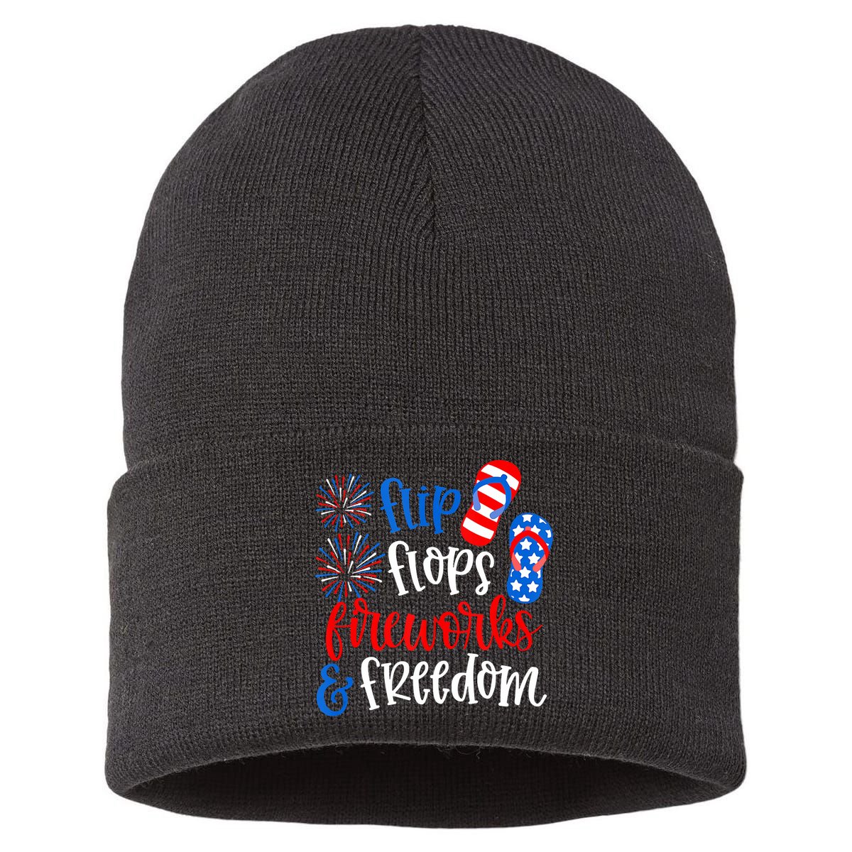 Flip Flops Fireworks And Freedom 4th Of July Us Flag Sustainable Knit Beanie
