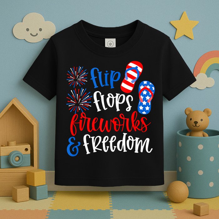 Flip Flops Fireworks And Freedom 4th Of July Us Flag Toddler T-Shirt