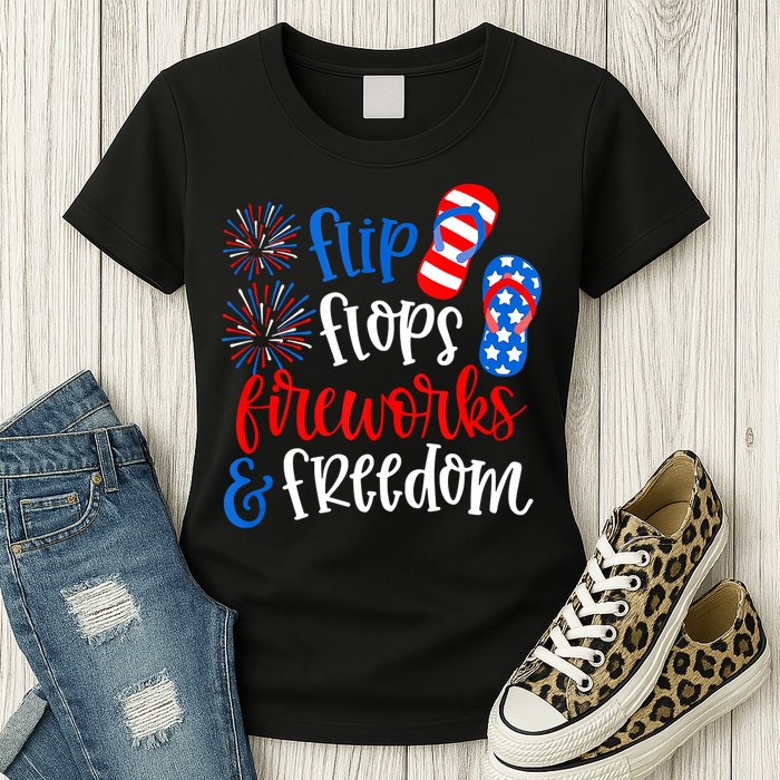 Flip Flops Fireworks And Freedom 4th Of July Us Flag Womens T-Shirt