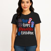 Flip Flops Fireworks And Freedom 4th Of July Us Flag Womens T-Shirt