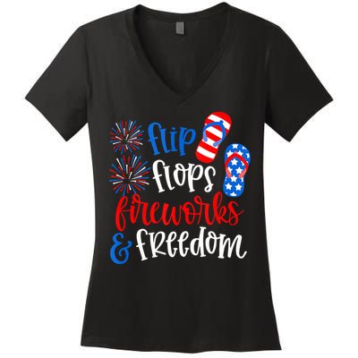 Flip Flops Fireworks And Freedom 4th Of July Us Flag Women's V-Neck T-Shirt