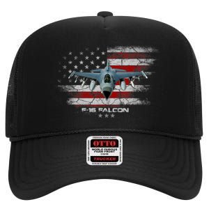 F16 Fighting Falcon Military Jet Aircraft Pilot Veteran High Crown Mesh Back Trucker Hat