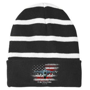 F16 Fighting Falcon Military Jet Aircraft Pilot Veteran Striped Beanie with Solid Band