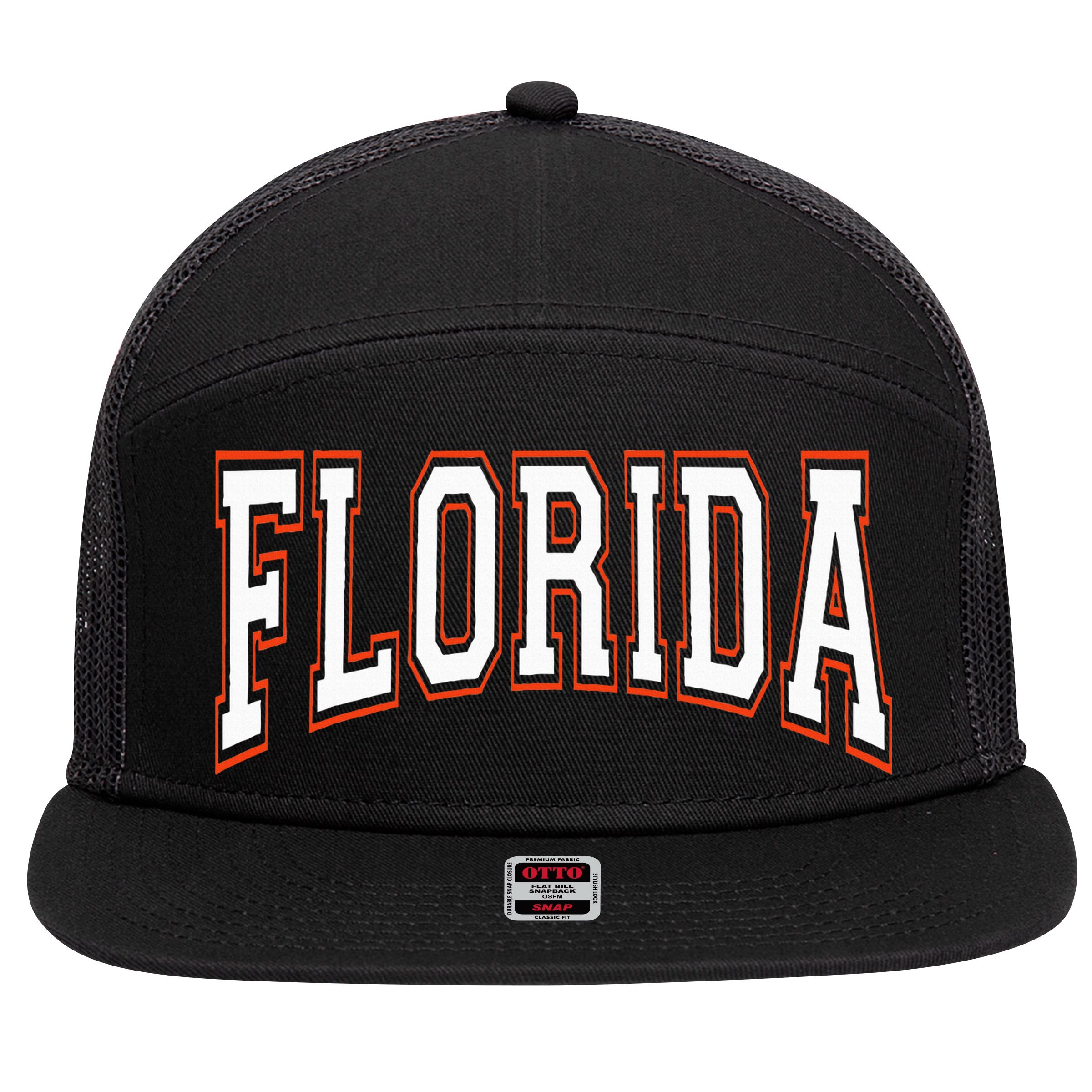 funny Florida FL United States Font  7 Panel Mesh Trucker Snapback Hat
