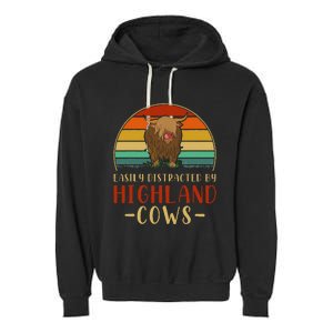 Funny Farming Farmer Gift Easily Distracted By Highland Cow Garment-Dyed Fleece Hoodie