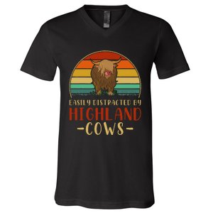 Funny Farming Farmer Gift Easily Distracted By Highland Cow V-Neck T-Shirt