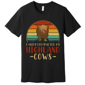 Funny Farming Farmer Gift Easily Distracted By Highland Cow Premium T-Shirt