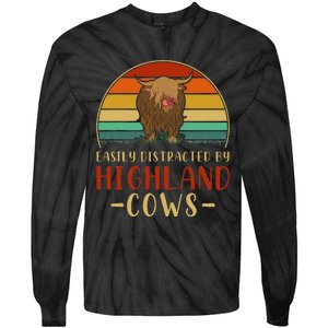 Funny Farming Farmer Gift Easily Distracted By Highland Cow Tie-Dye Long Sleeve Shirt