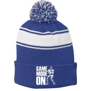 Funny Footballer Game Mode On American Football Player Cool Gift Stripe Pom Pom Beanie