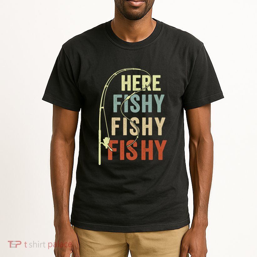 Funny Fishing Here Fishy Vintage Fishing Pole Gift Tall T-Shirt