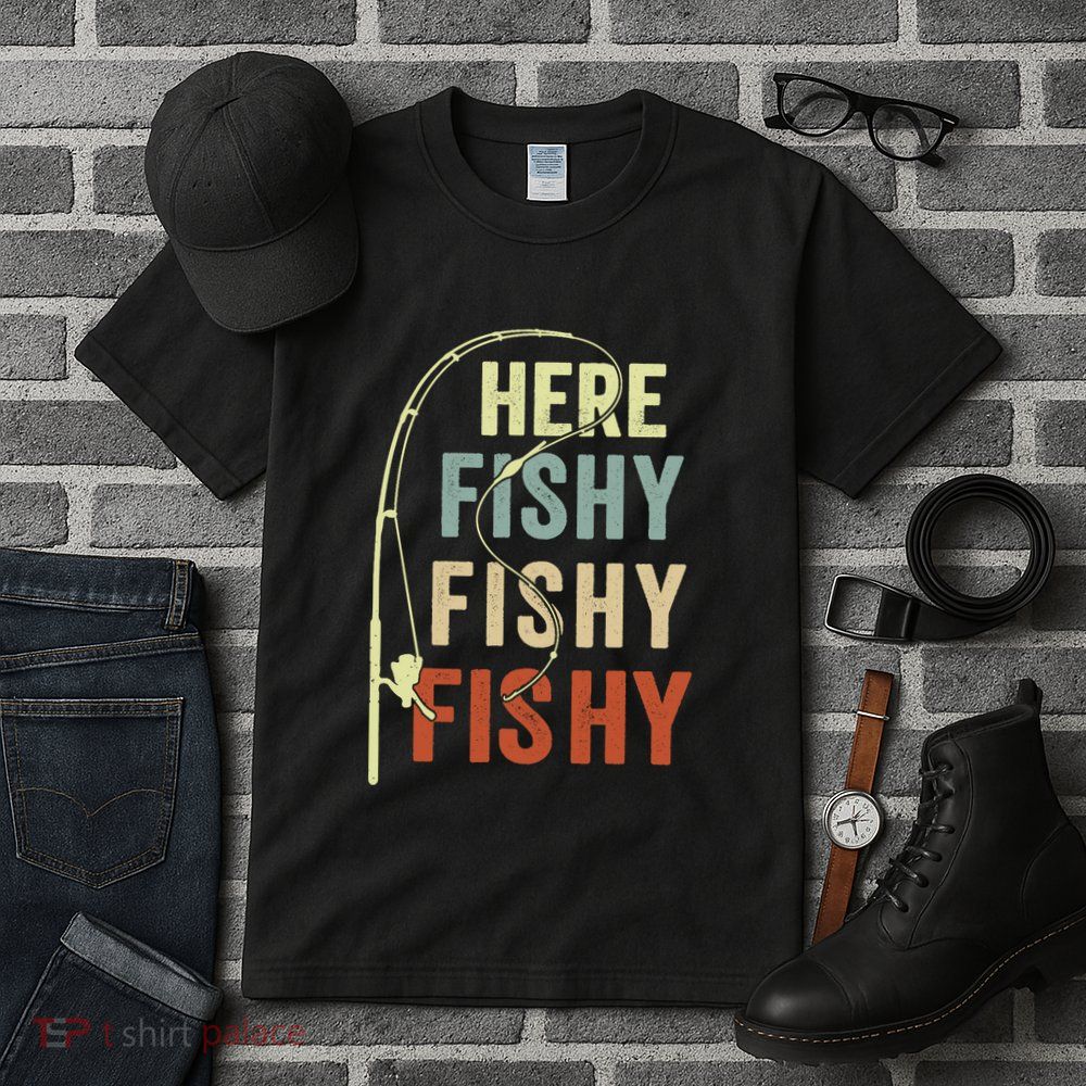 Funny Fishing Here Fishy Vintage Fishing Pole Gift Tall T-Shirt