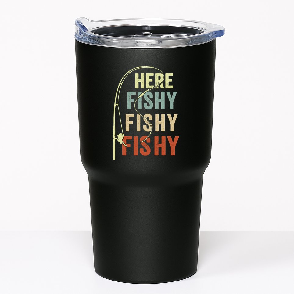 Funny Fishing Here Fishy Vintage Fishing Pole Gift Tumbler
