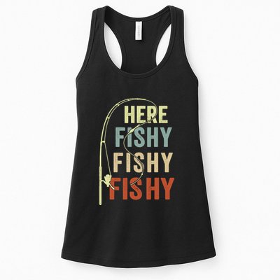 Funny Fishing Here Fishy Vintage Fishing Pole Gift Womens Tank Top