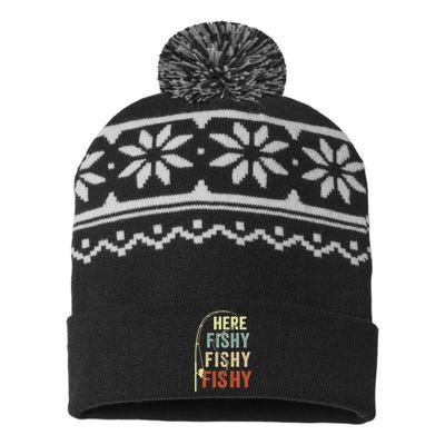 Funny Fishing Here Fishy Vintage Fishing Pole Gift USA-Made Snowflake Beanie