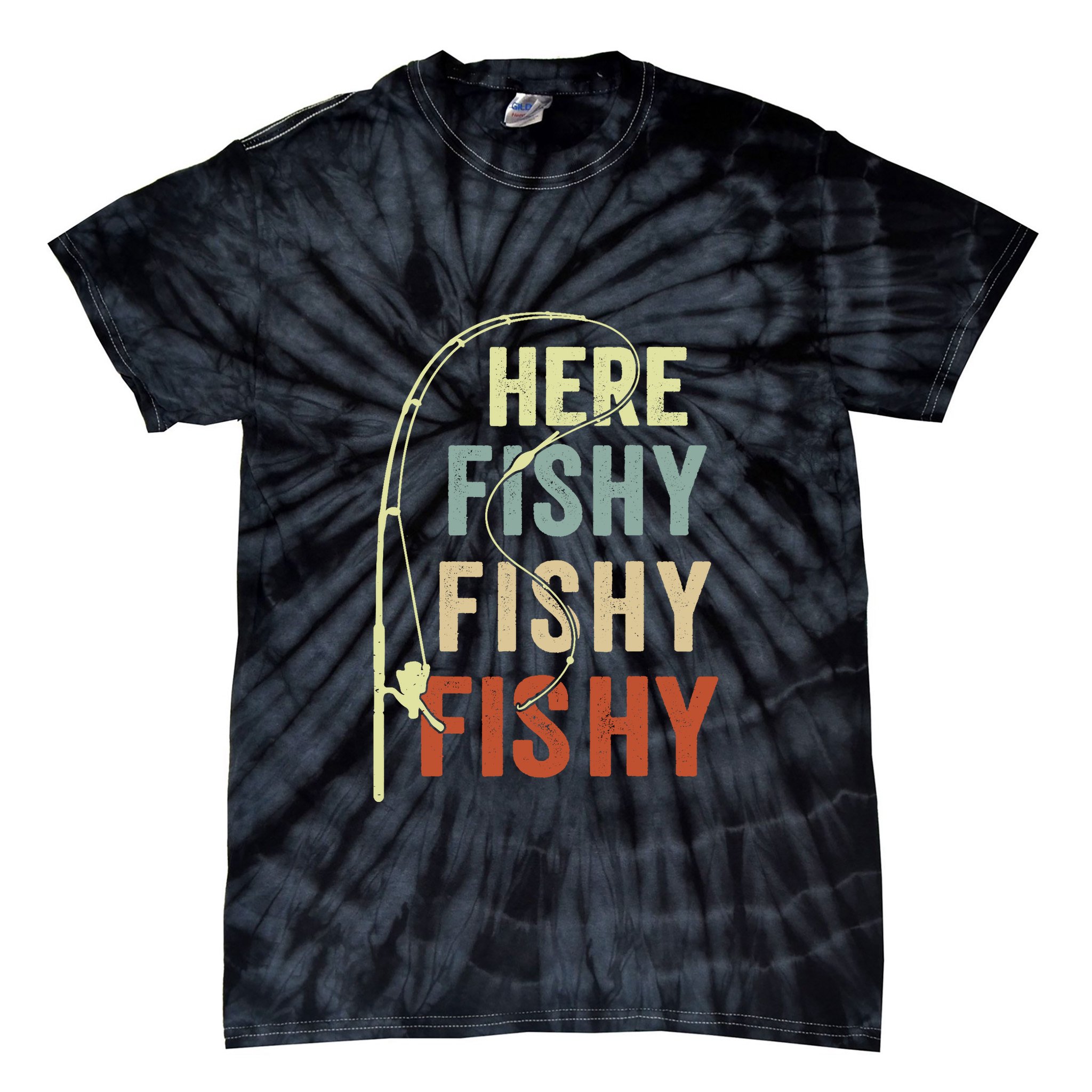 Funny Fishing Here Fishy Vintage Fishing Pole Gift Tie-Dye T-Shirt