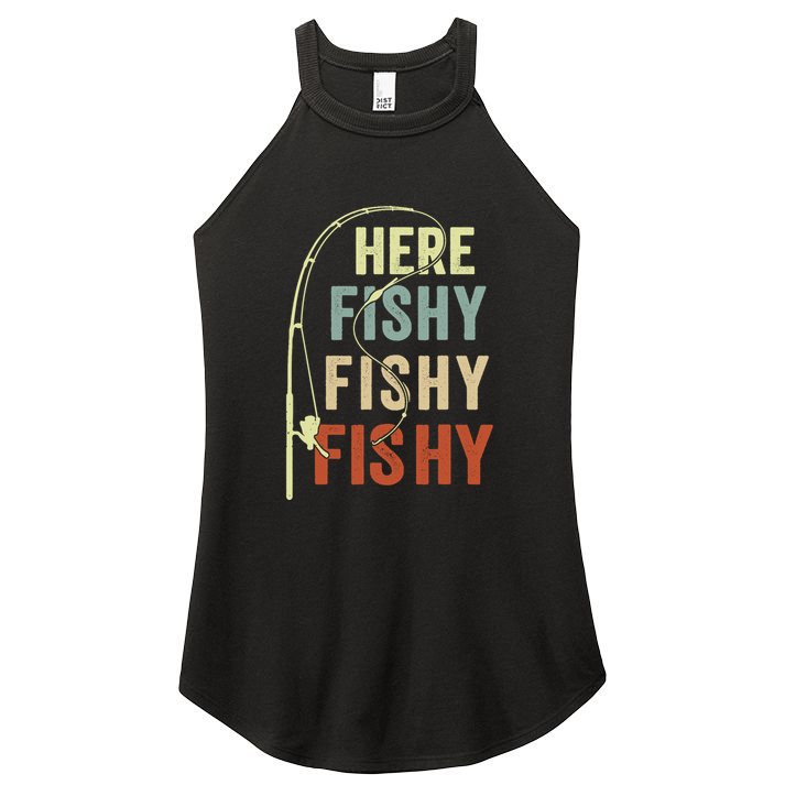 Funny Fishing Here Fishy Vintage Fishing Pole Gift Women's Perfect Tri Rocker Tank