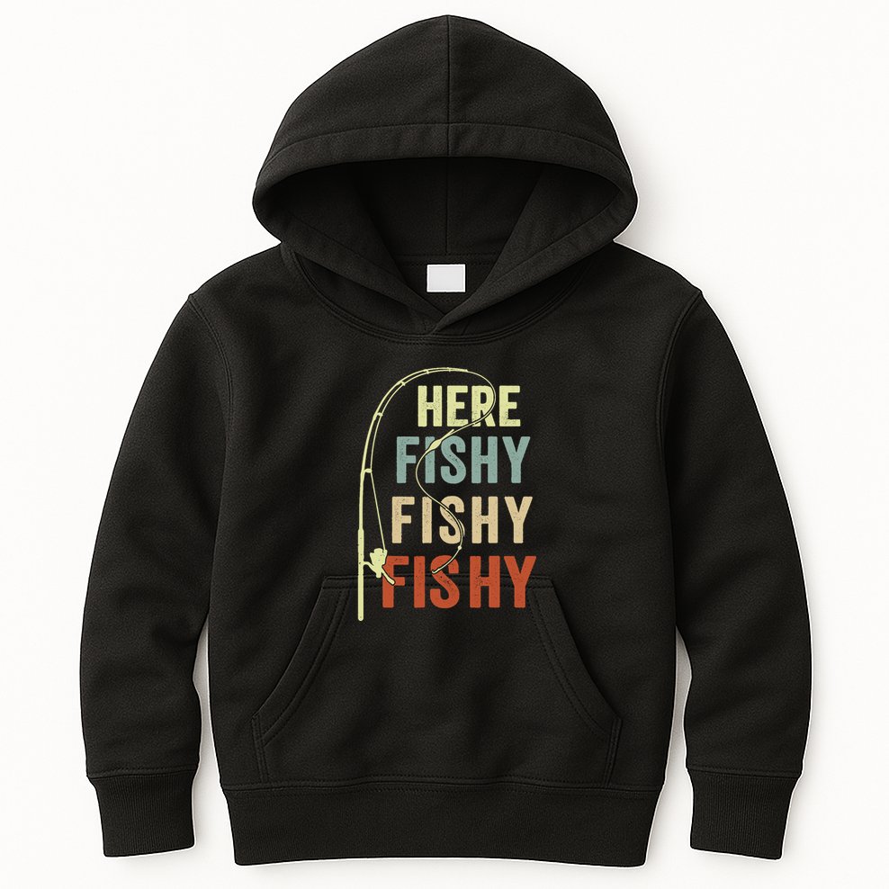 Funny Fishing Here Fishy Vintage Fishing Pole Gift Kids Hoodie