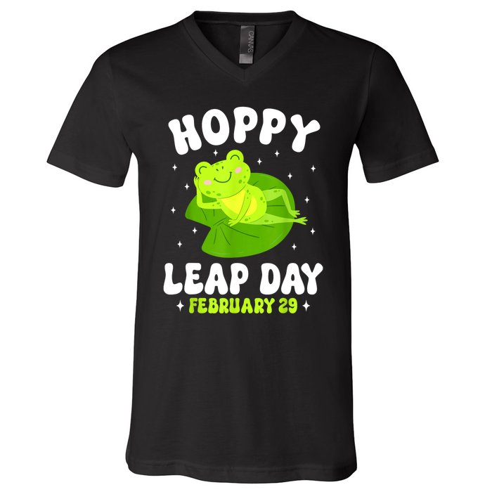 Funny Frog Hoppy Leap Day February 29 Birthday Leap Year V-Neck T-Shirt