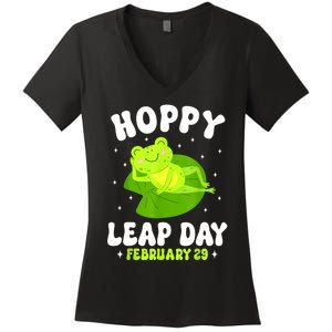 Funny Frog Hoppy Leap Day February 29 Birthday Leap Year Women's V-Neck T-Shirt