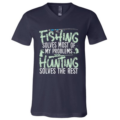 Funny Fishing & Hunting Fishing Solves My Problems V-Neck T-Shirt