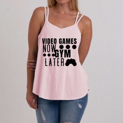 Funny Fitness Humor Video Games Now Gym Later Birthday Gift Women's Strappy Tank