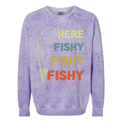 Funny Fishing Here Fishy Bass Funny Dad Fisherman Colorblast Crewneck Sweatshirt