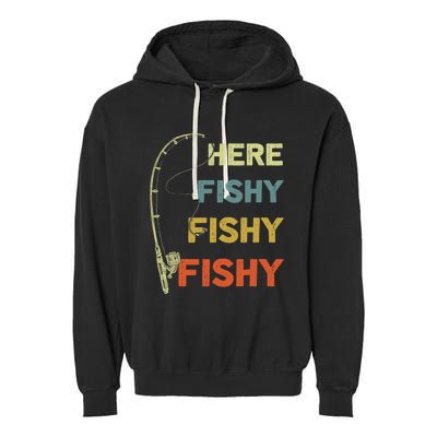 Funny Fishing Here Fishy Bass Funny Dad Fisherman Garment-Dyed Fleece Hoodie