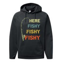 Funny Fishing Here Fishy Bass Funny Dad Fisherman Performance Fleece Hoodie